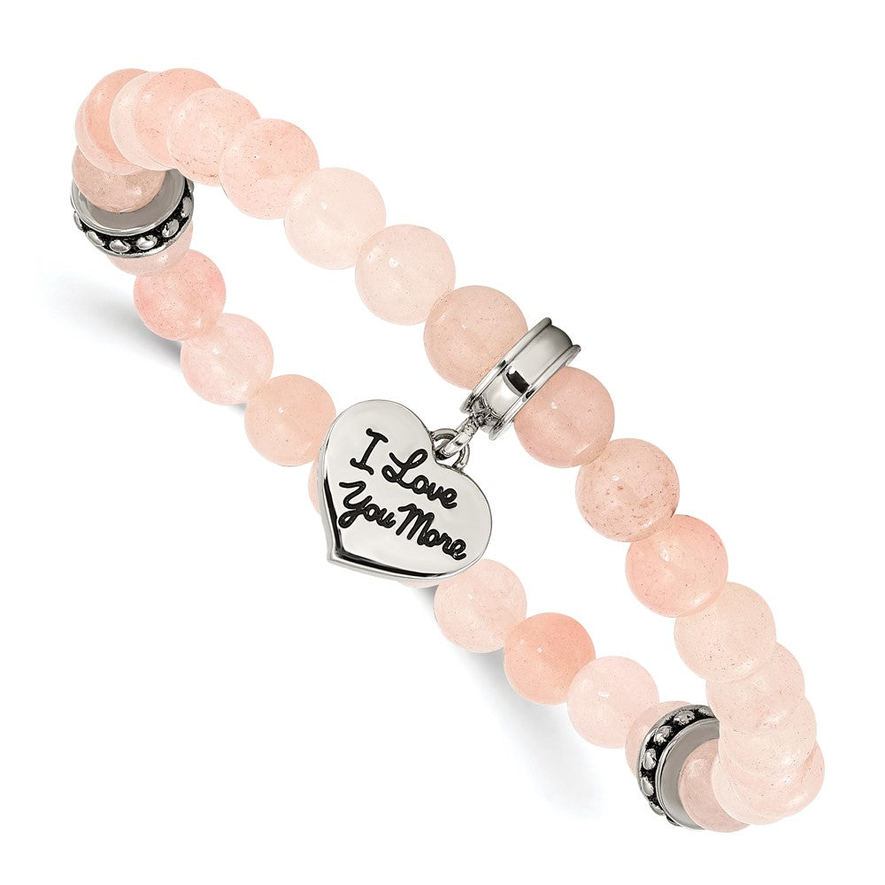 Stainless Steel Antiqued & Polished Pink Jade LOVE YOU Stretch Bracelet 6.5 inches