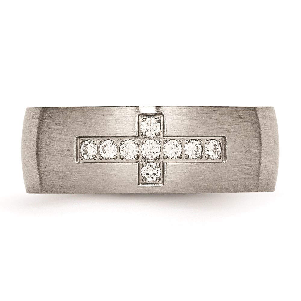 Stainless Steel Brushed w/CZ Cross 7.75mm Band Size - 8.5