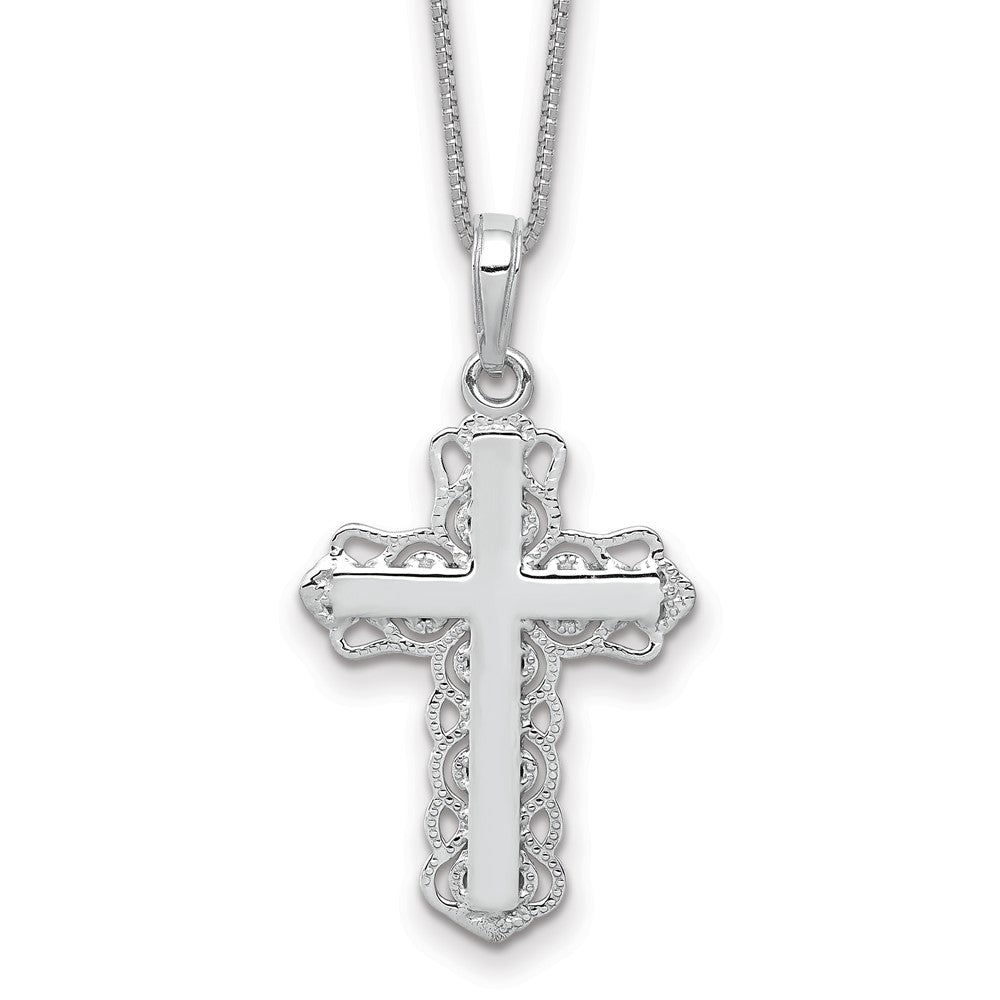 14K White Gold Lace Trim Cross Pendant Necklace