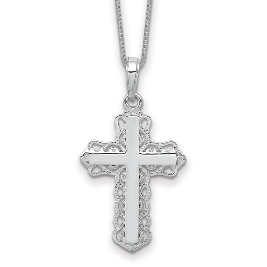 14K White Gold Lace Trim Cross Pendant Necklace