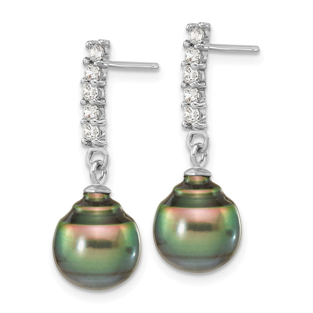 Sterling Silver Rhodium-plated 9-10mm Black Teardrop Tahitian Saltwater Pearl and CZ 17 inch Necklace and Post Dangle Earrings Set