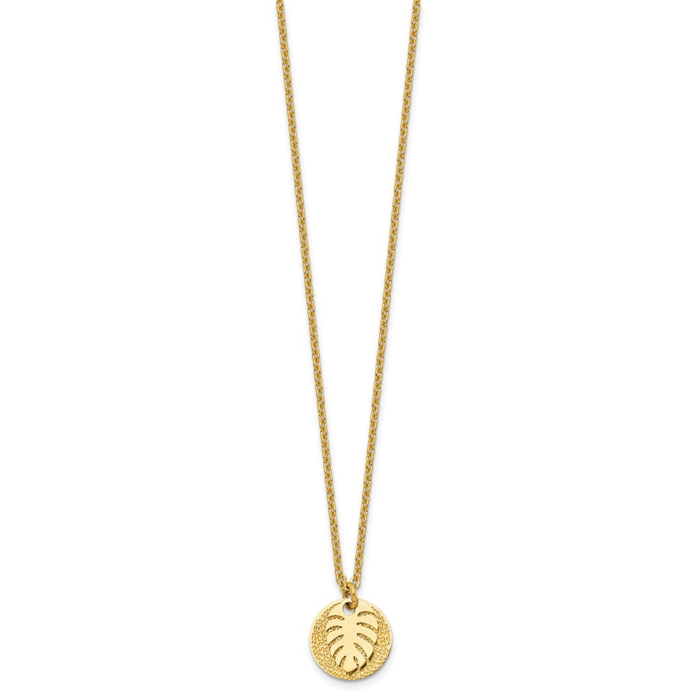 Stainless Steel Polished Textured Yellow IP Circle w/Leaf 27.5in Necklace