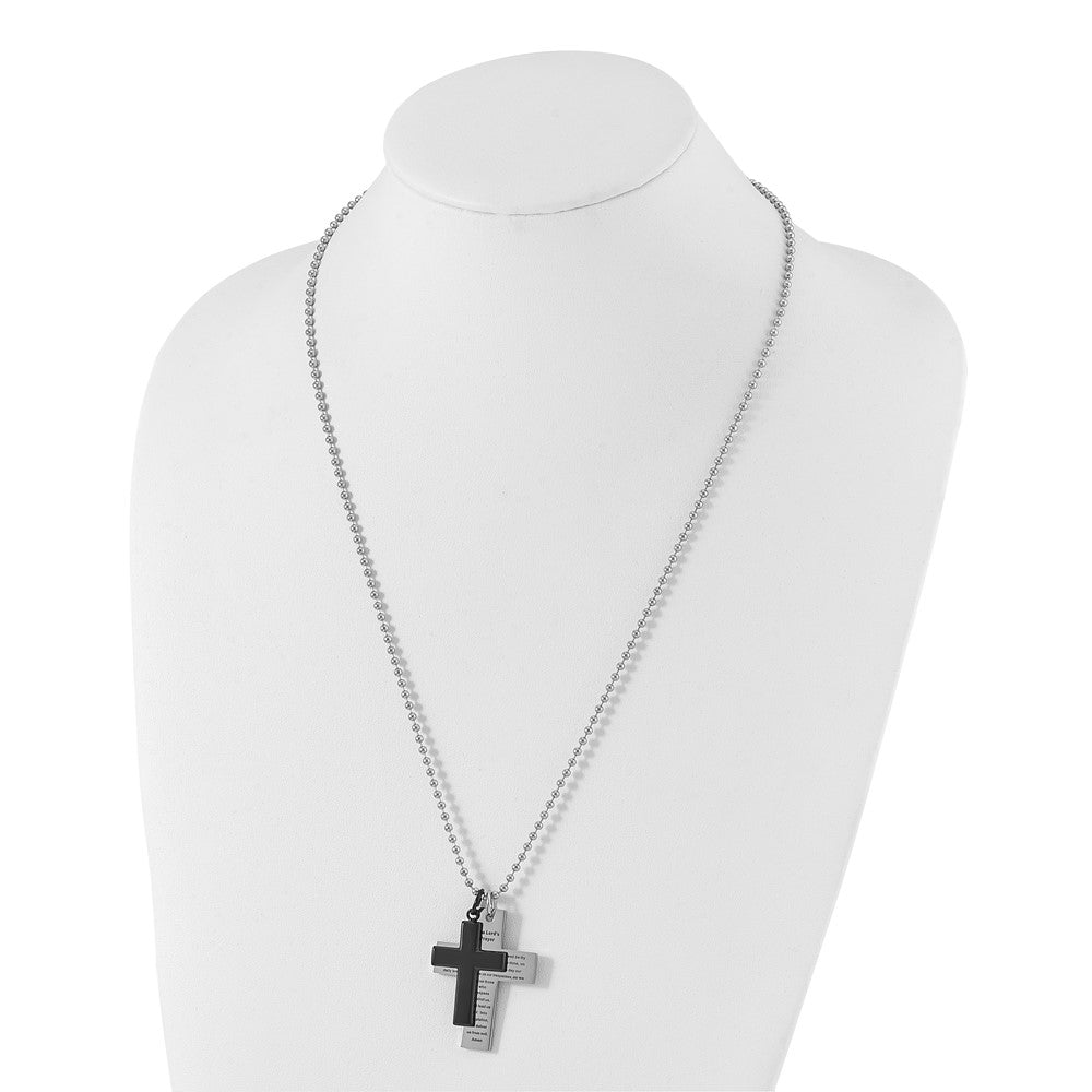 Stainless Steel Polished Black IP-plated Lord's Prayer Cross Necklace