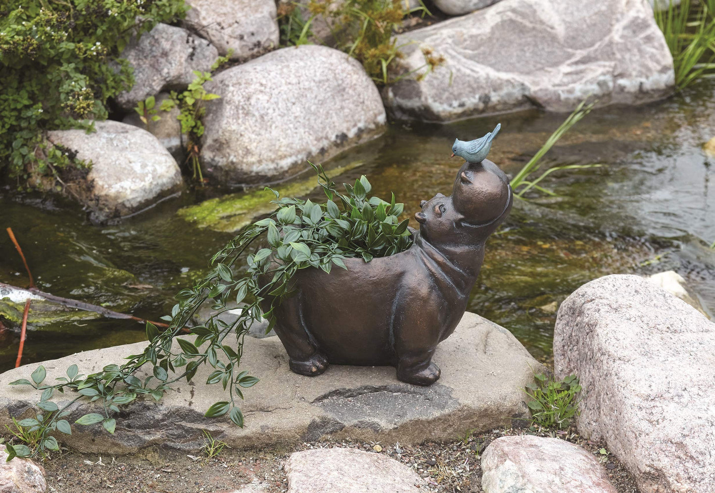 Roman 13" Hippo with Bird Outdoor Garden Planter