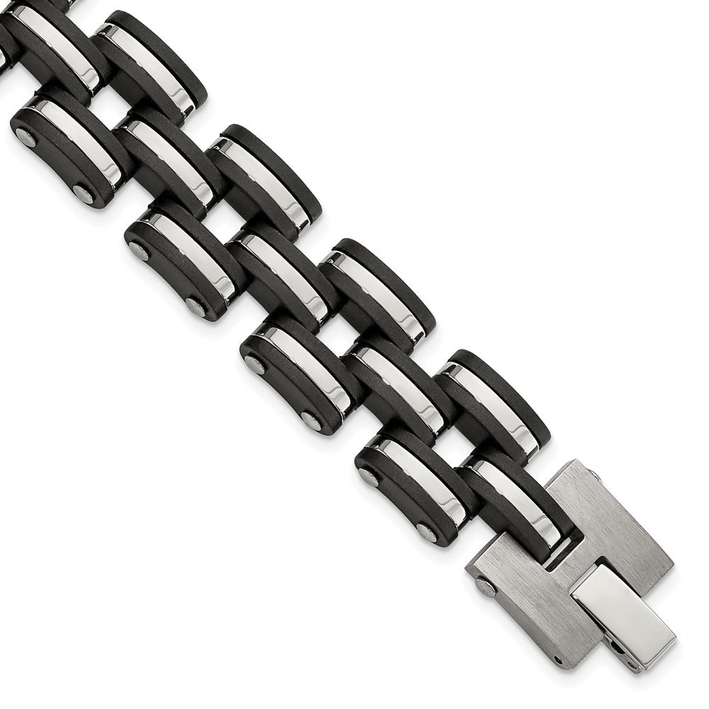 Stainless Steel Brushed and Polished Black Rubber 8in Bracelet 8 inches