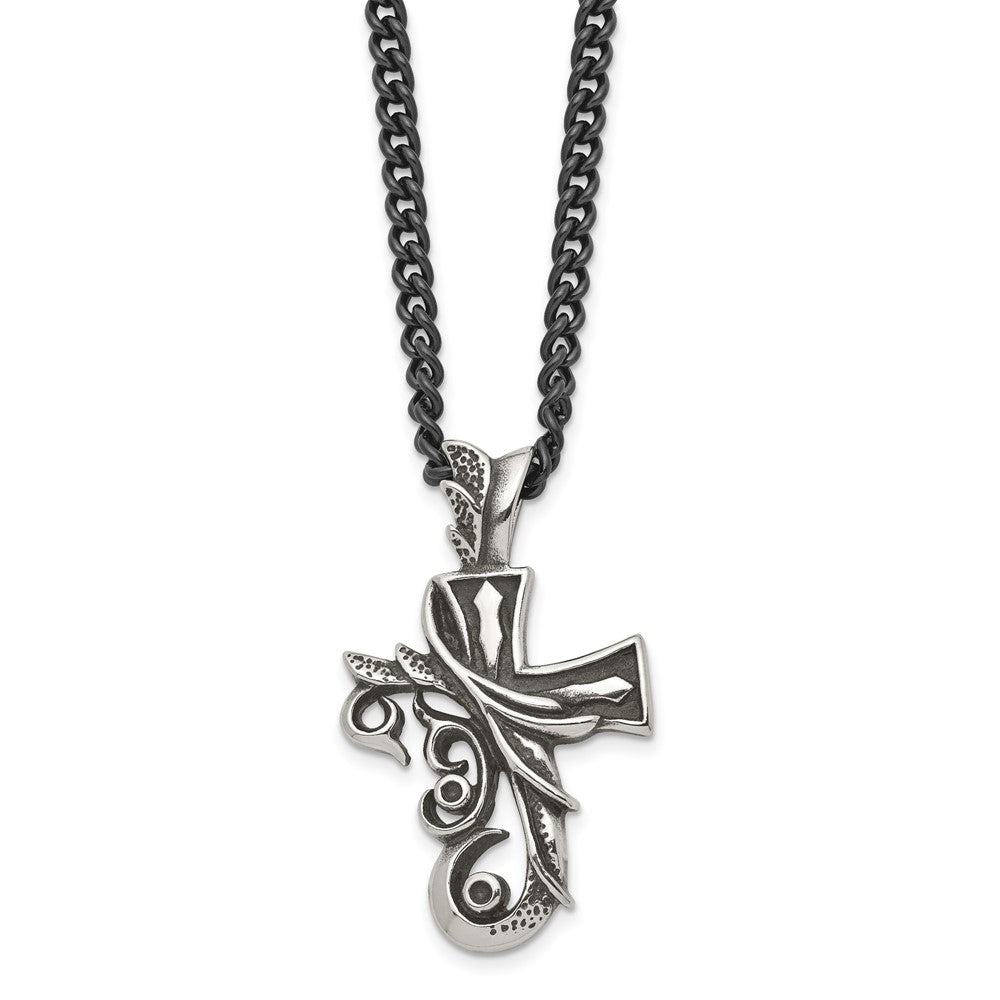 Stainless Steel Antiqued and Polished Fancy Cross 20in Necklace