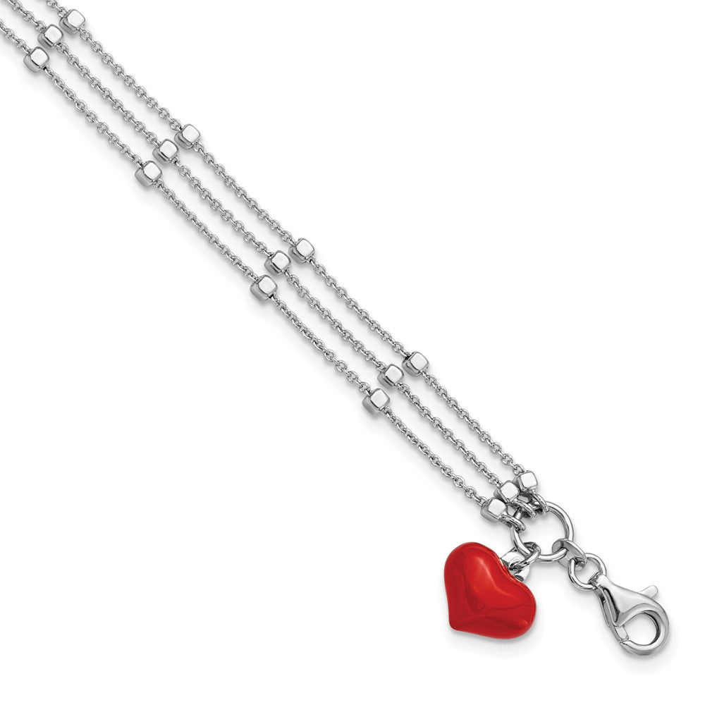 Sterling Silver Rhod-plated Enameled Red Heart w/ 2in ext Bracelet