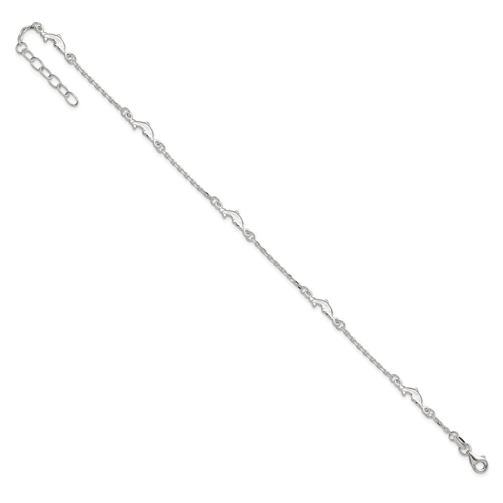 Sterling Silver Polished Dolphin 9in Plus 1in Ext. Anklet 9 inches