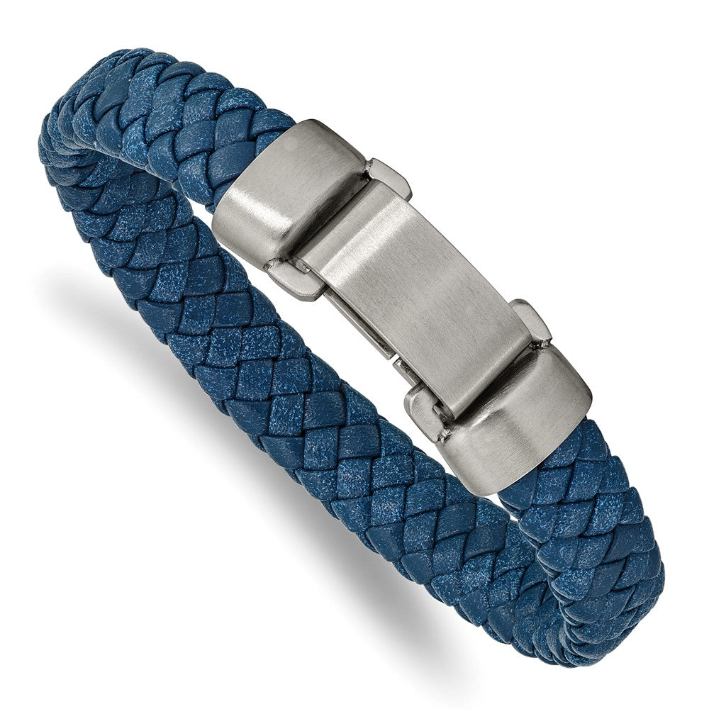 Stainless Steel Brushed Blue Leather 8.25in Bracelet 8.25 inches