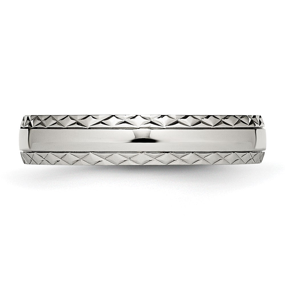 Stainless Steel Polished Satin Center Criss Cross Design 5mm Grooved Band Size - 8.5