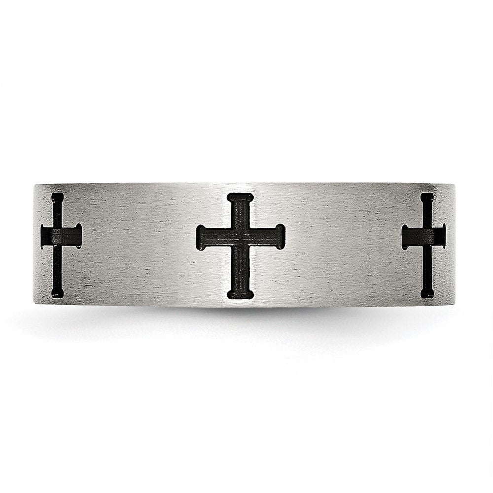 Stainless Steel Brushed/Polished Black IP-plated Crosses 7mm Band Size - 9.5