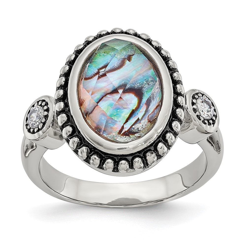 Stainless Steel Antiqued and Polished Imitation Abalone and CZ Ring Size - 9