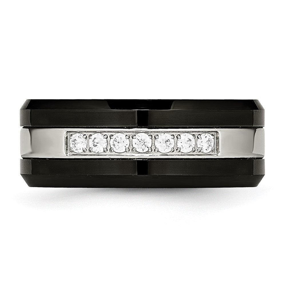 Stainless Steel Polished Black Ceramic CZ Beveled Edge Ring Size - 13