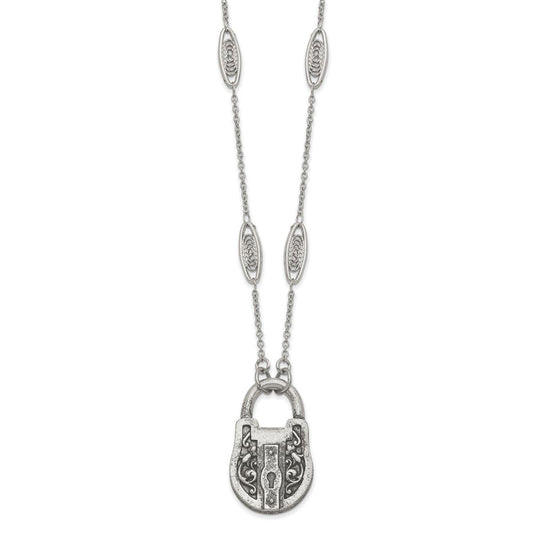 1928 Jewelry Silver-tone Fligree Stations and Aniqued Pewter-tone Vintage Filigree Pattern Lock 30 inch Necklace