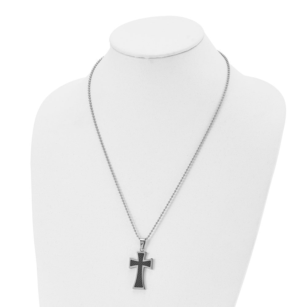 Stainless Steel Polished w/Carbon Fiber Inlay Cross 22in Necklace