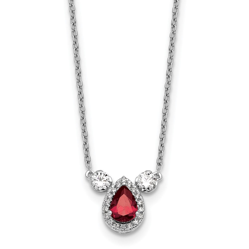 14k White Gold 1/2 carat Lab Grown Diamond VS/SI+ G+ and Created Ruby Three Stone 16 inch Necklace