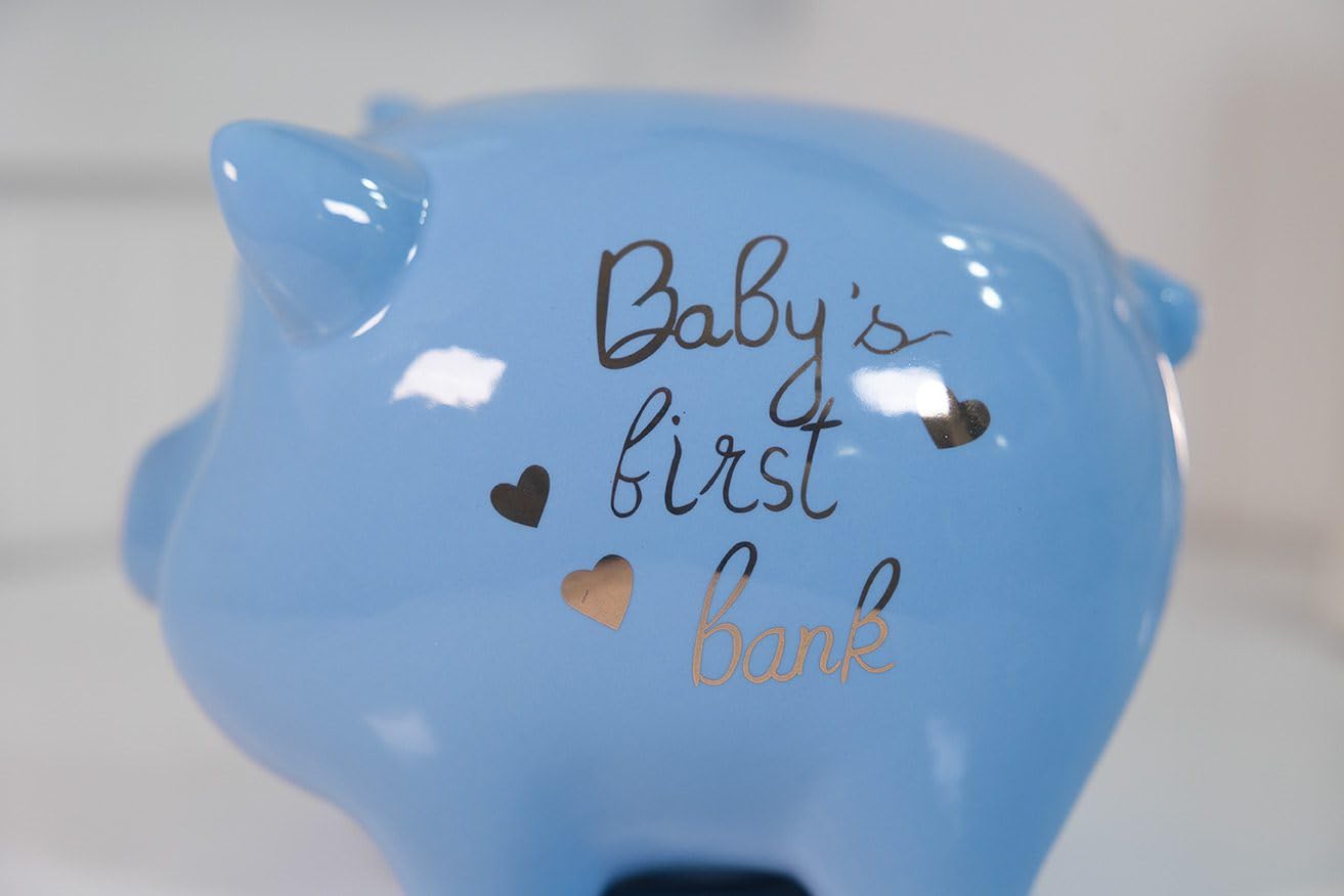 Blue Sky Clayworks Baby's First Piggy Bank, 7.75-inch Length, Blue, Gift, Christening, Tabletops