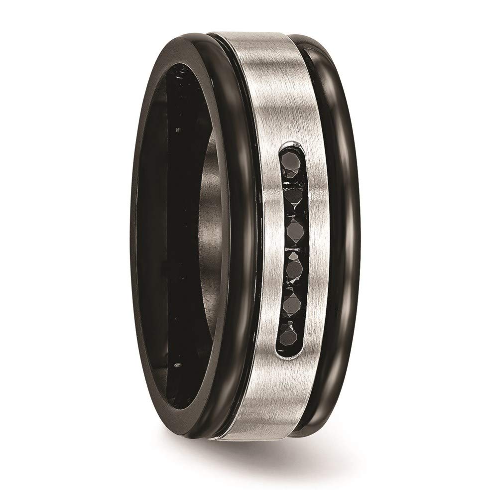 Stainless Steel Brushed/Polished Black IP & Black CZ 8mm Grooved Band Size - 7.5