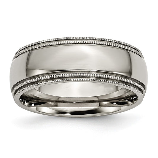 Titanium Polished 8mm Grooved and Beaded Edge Band Size - 11.5