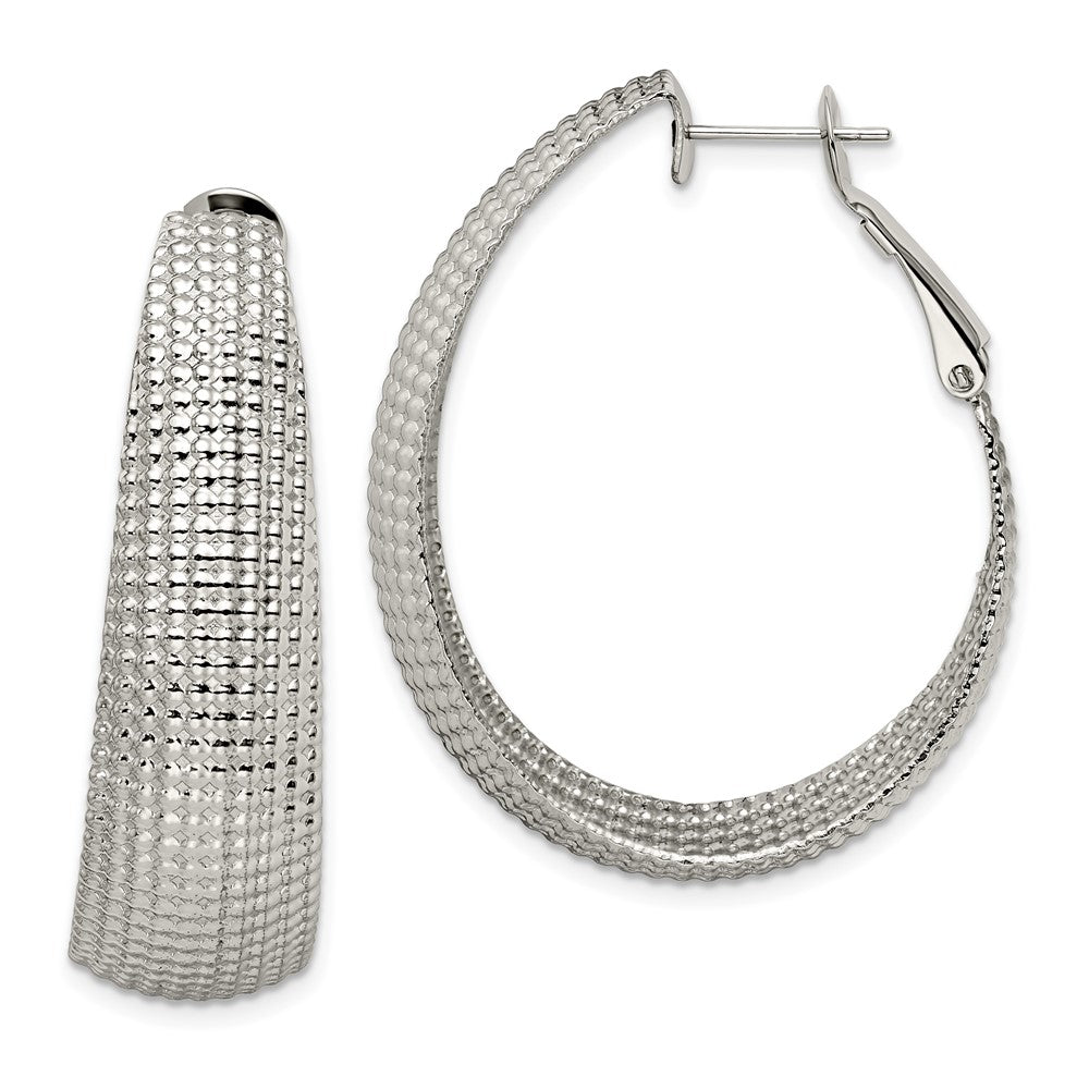 Stainless Steel Polished and Textured Oval Omega Back Hoop Earrings