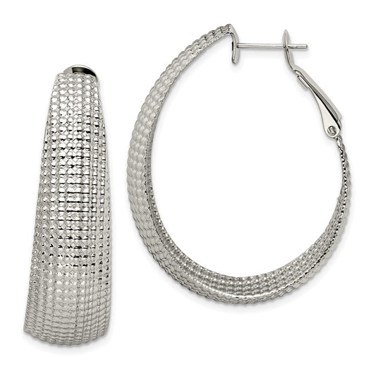 Stainless Steel Polished and Textured Oval Omega Back Hoop Earrings