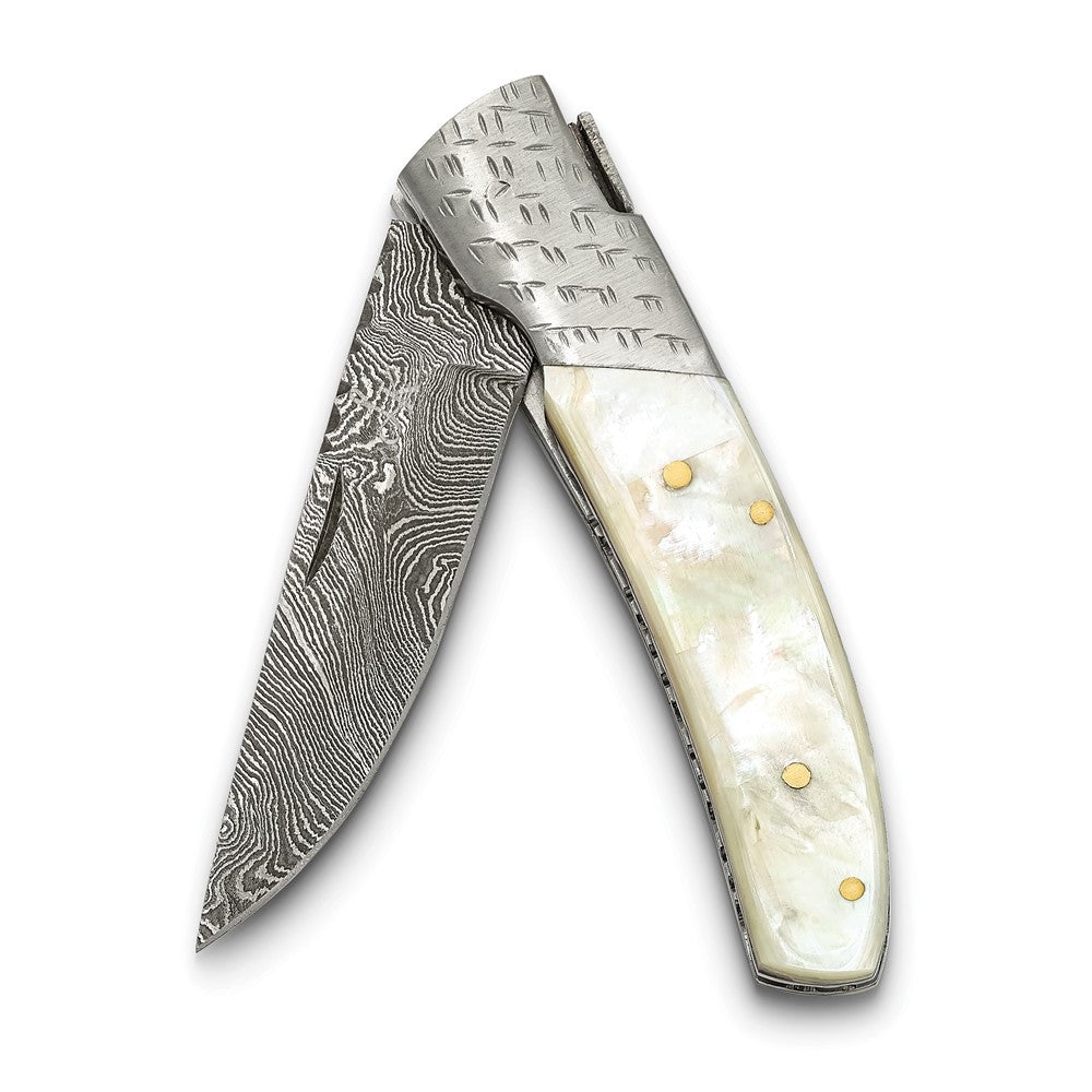 Luxury Giftware Damascus Steel 256 Layer Mother of Pearl Handlel with Steel Guard Folding Knife with Leather Sheath and Wooden Gift Box