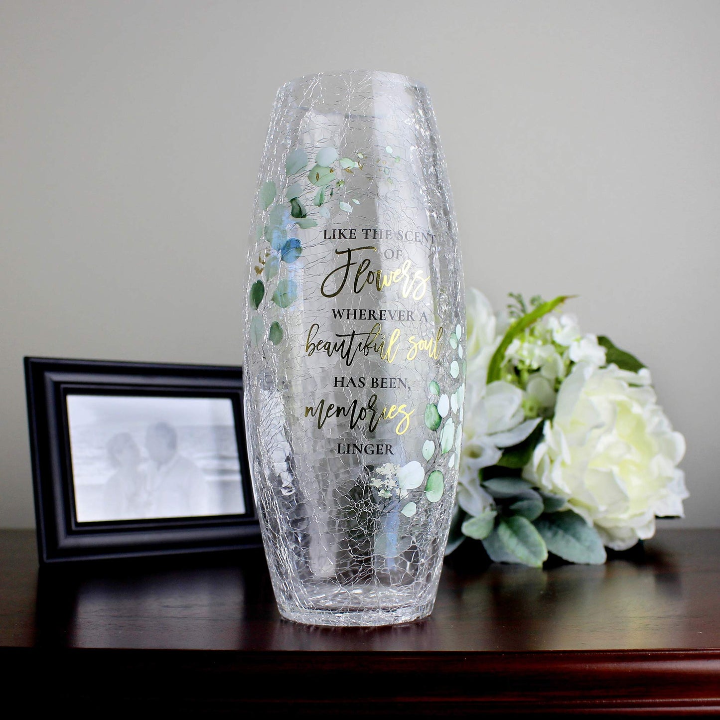 Lillian Rose Crackle Glass Memorial Flower Vase with Sympathy Verse, 9.75", Multi