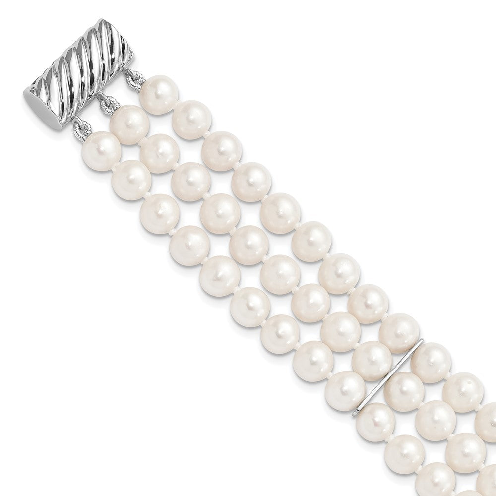 Sterling Silver Rhodium-plated 6-7mm White Near-Round Freshwater Cultured Pearl 3-Strand 7.5 inch Bracelet 7 inches