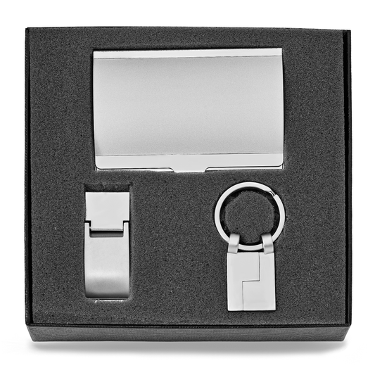Silver-tone Money Clip Card Case and Key Ring Gift Set Q-GM20803
