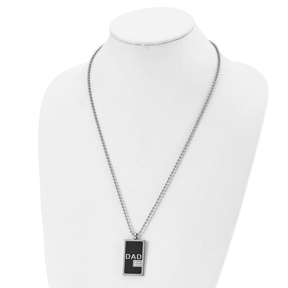 Stainless Steel Polished Black IP-plated w/CZ Dad Dog Tag 24in Necklace