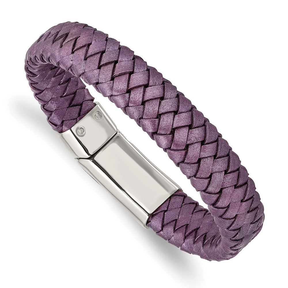 Stainless Steel Polished Metallic Purple Woven Leather 7.5in Bracelet 7.25 inches