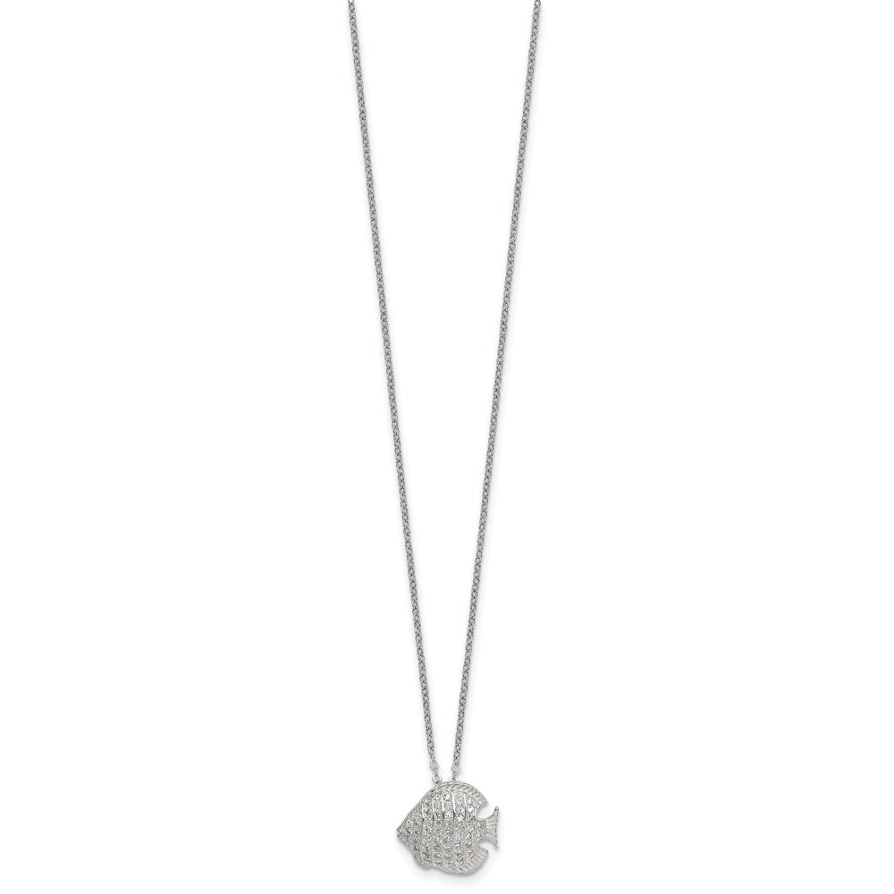 Sterling Silver Polished and Grooved CZ Fish 16 Inch with 2 Inch Extension Necklace