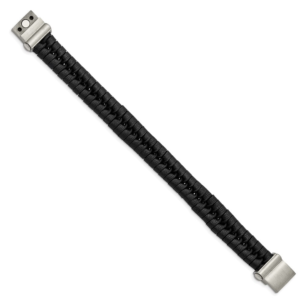Stainless Steel Brushed Black Leather 8.5in Bracelet 8.5 inches