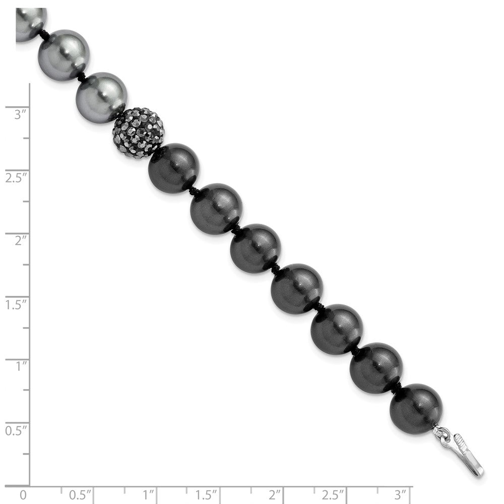 Majestic Sterling Silver Rhodium-plated 10-11mm Dk Grey/Black Imitation Shell Pearl Crystal Hand-knotted Bracelet