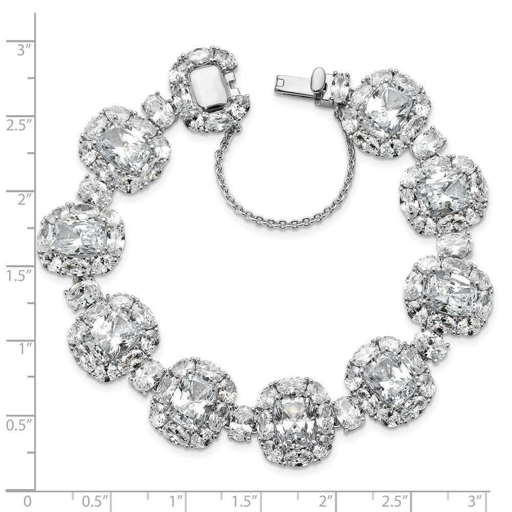Cheryl M Sterling Silver Rhodium-plated Polished Fancy Cushion-cut CZ Halo Cluster with Safety Chain Bracelet 7 inches