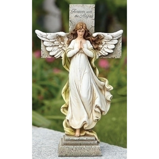 FOREVER WITH THE ANGELS Memorial Angel with Cross Stone Resin Statue QGM15729