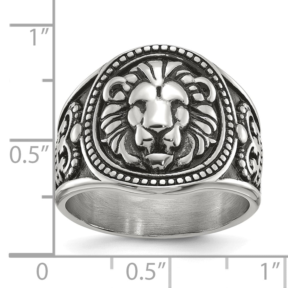 Chisel Stainless Steel Antiqued and Polished Lion Ring Size - 9