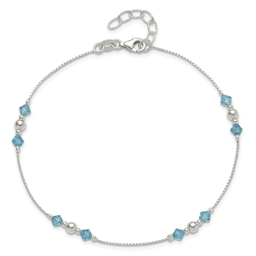 Sterling Silver Polished Bead and CZ 9in Plus 1in. Ext. Anklet 9 inches