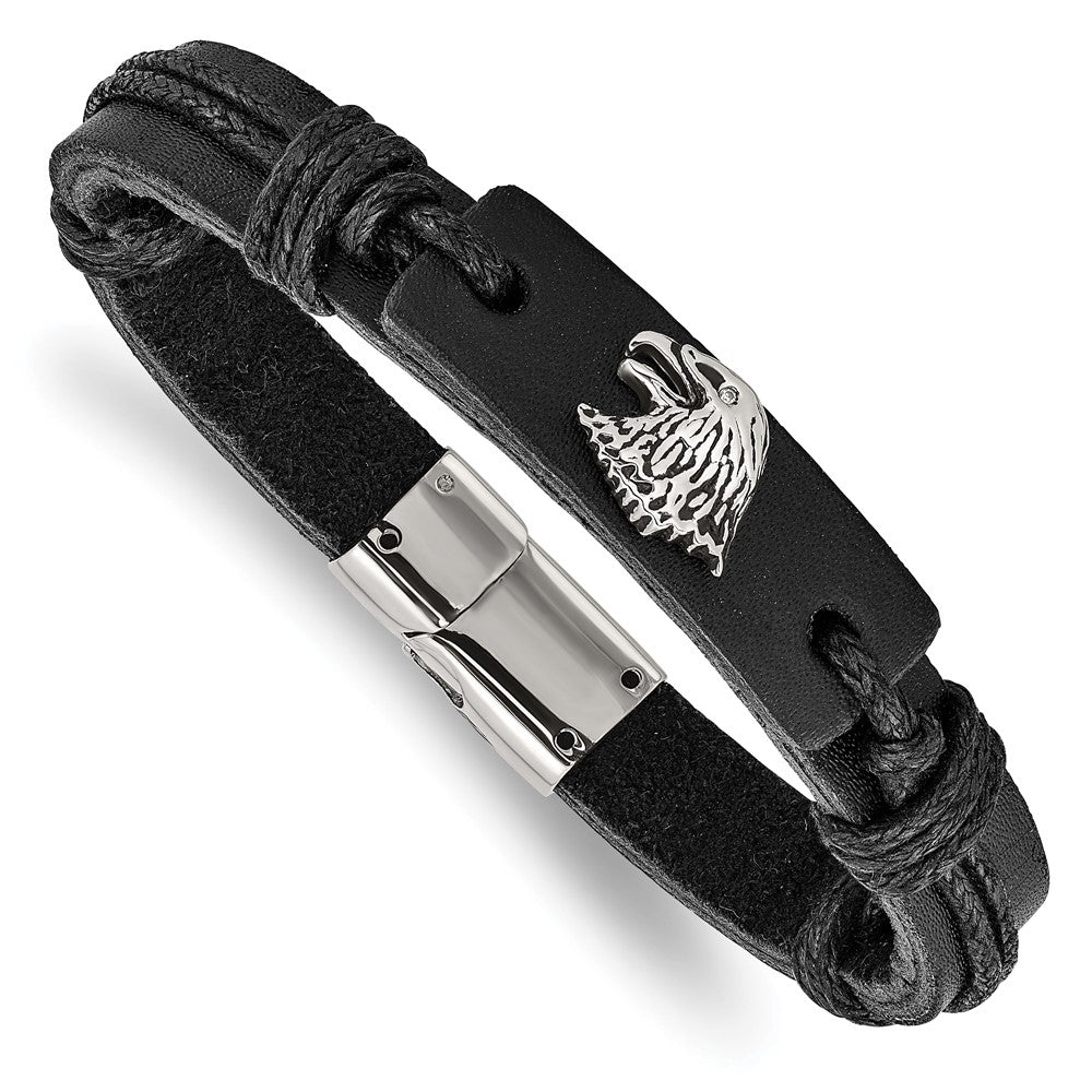 Stainless Steel Antiqued and Polished Eagle Head Black Leather Bracelet 8.5 inches