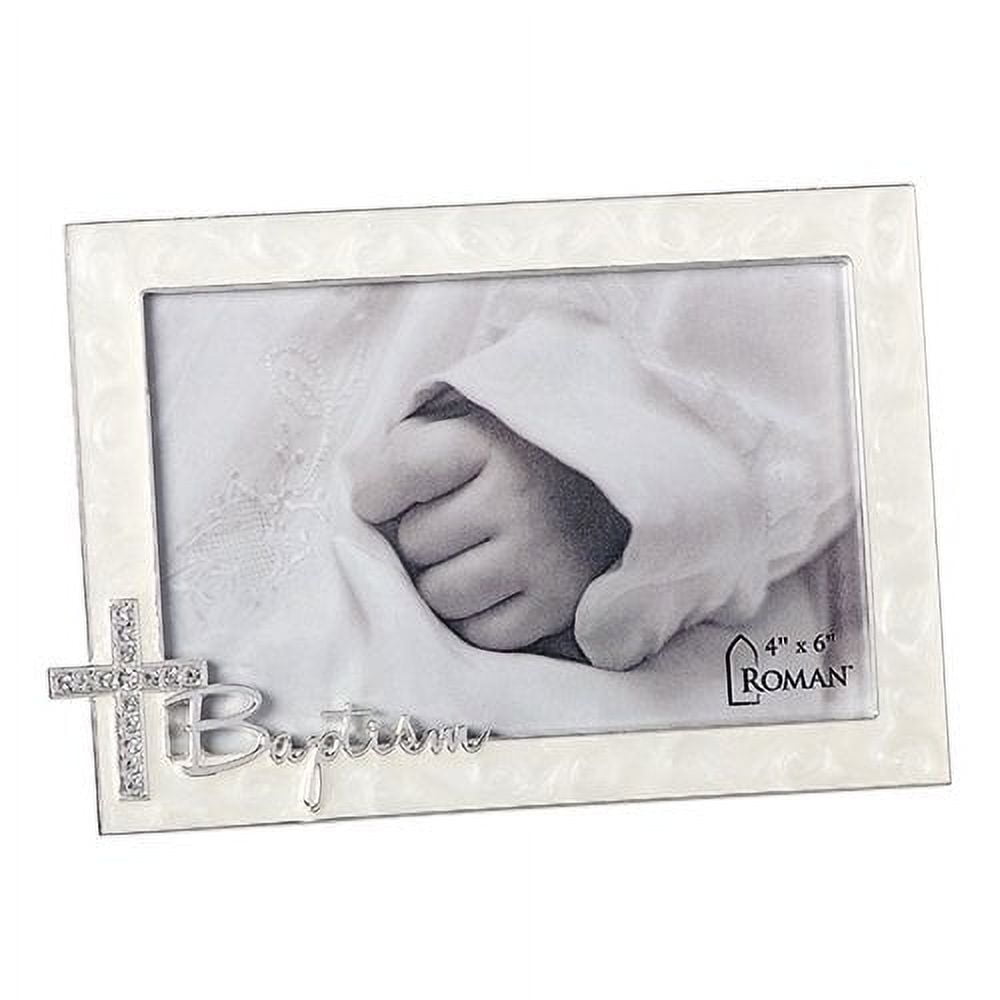 Baptism Script With Jewel Tone Cross Swirled Ivory 7.25 x 5 Zinc Photo Frame