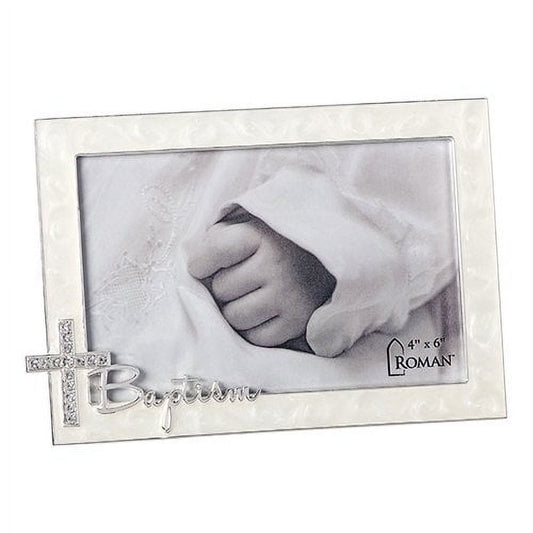 Baptism Script With Jewel Tone Cross Swirled Ivory 7.25 x 5 Zinc Photo Frame