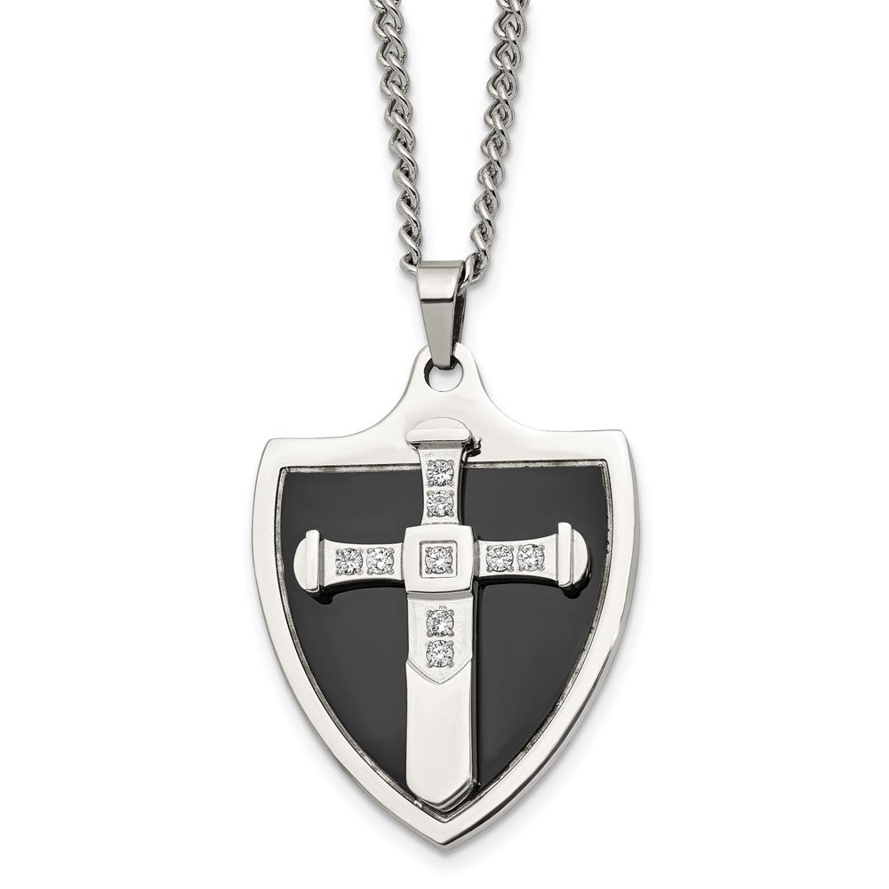 Stainless Steel Polished Black IP-plated w/CZ Cross Shield 24in Necklace