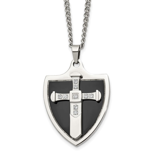 Stainless Steel Polished Black IP-plated w/CZ Cross Shield 24in Necklace