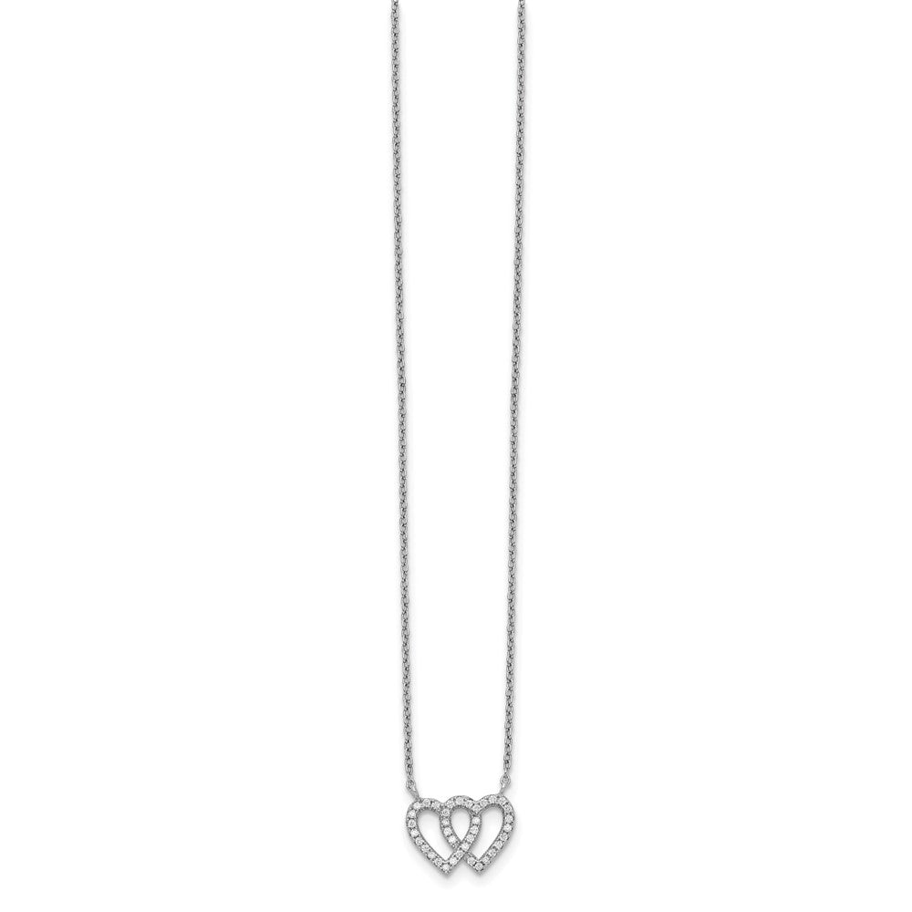 Sterling Silver Rhodium-plated Interconnected Double CZ Open Heart 16.5 inch Necklace with 1 inch extension 16.5 Inches