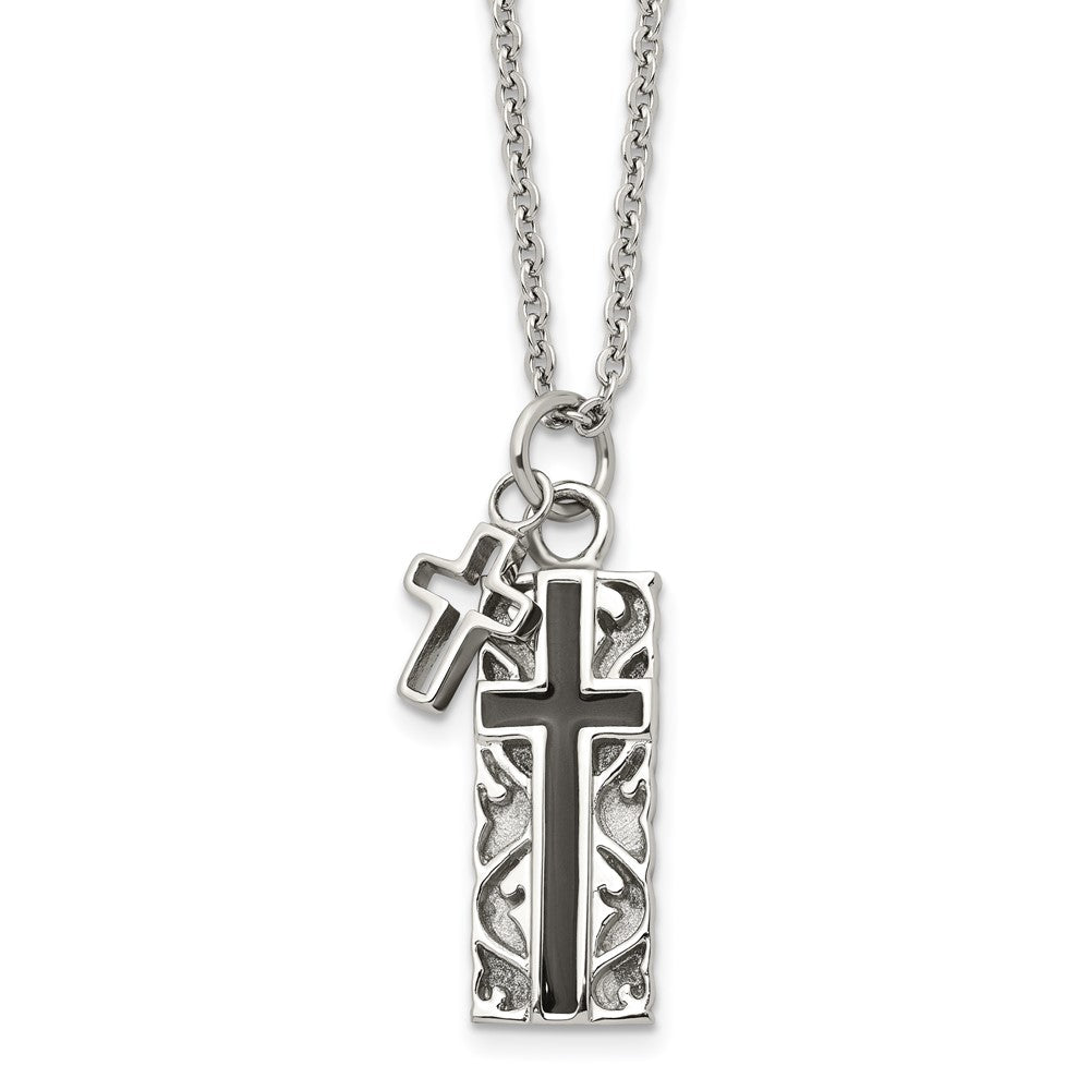 Stainless Steel Polished Black IP-plated 2 piece Cross 20in Necklace