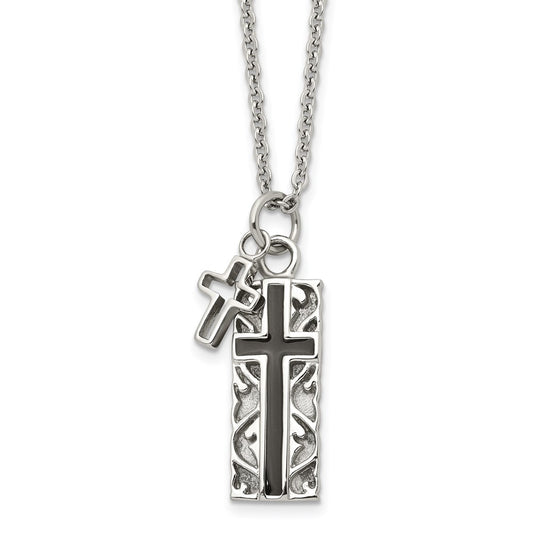 Stainless Steel Polished Black IP-plated 2 piece Cross 20in Necklace