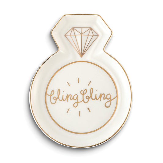 White and Gold-tone BLING BLING Ring Shaped Ceramic Trinket Dish