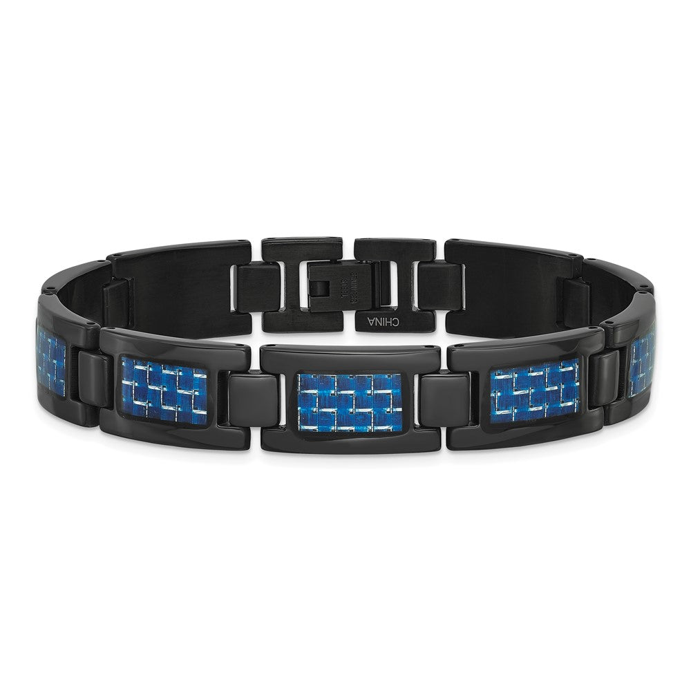 Stainless Steel Polished Black IP-plated w/Blue Carbon Fiber Inlay Bracelet 8.25 inches