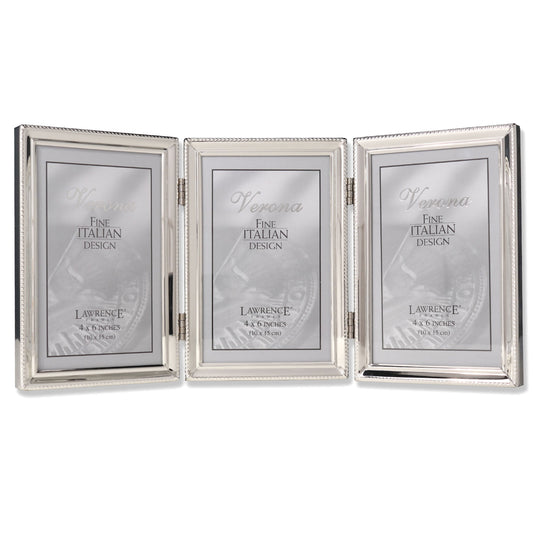Lawrence Frames Polished Silver Plate 4x6 Hinged Triple Picture Frame - Bead Border Design