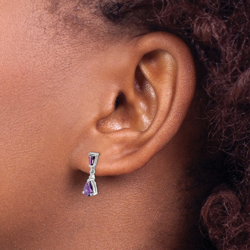 Sterling Silver Rhodium Plated Diamond and Amethyst Post Earrings
